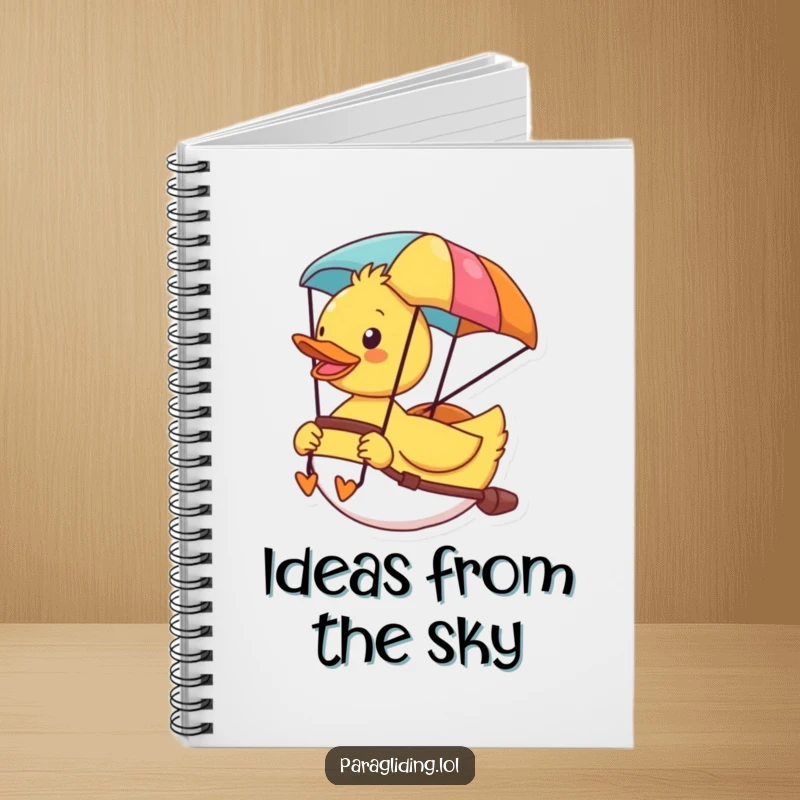 Funny notebook with a cheerful duck enjoying the view from its paraglider, ideal for writing down exciting ideas.
