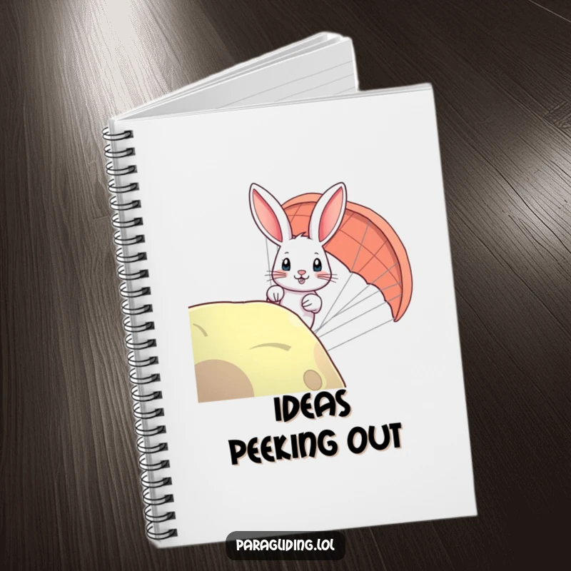 Funny rabbit paraglider notebook featuring a curious bunny peeking over, ideal for jotting down notes and ideas.
