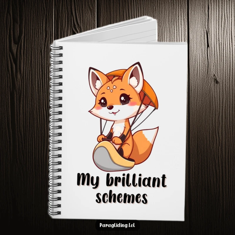 Funny notebook cover with a determined fox paragliding, great for planning adventures and jotting down ideas.