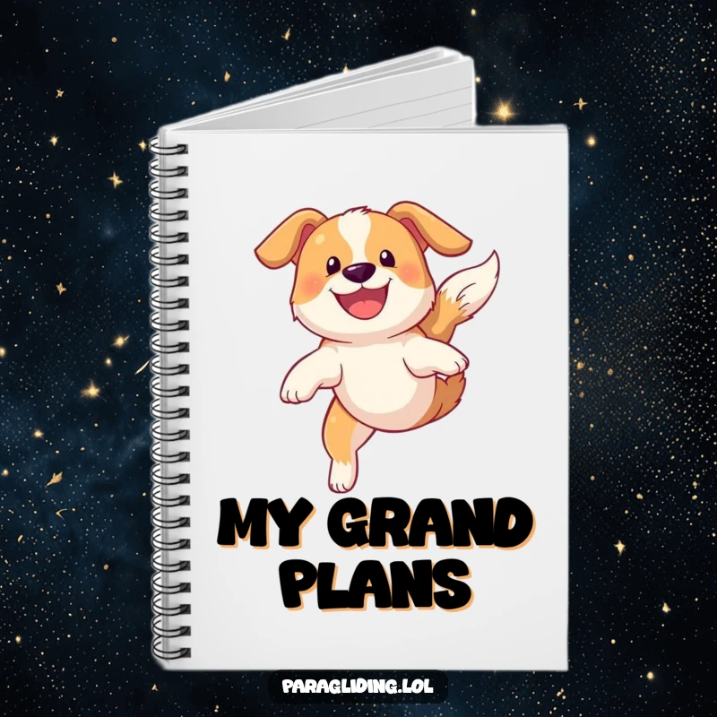 Funny notebook with a grinning dog soaring gracefully through the sky, ideal for adventurous notes.