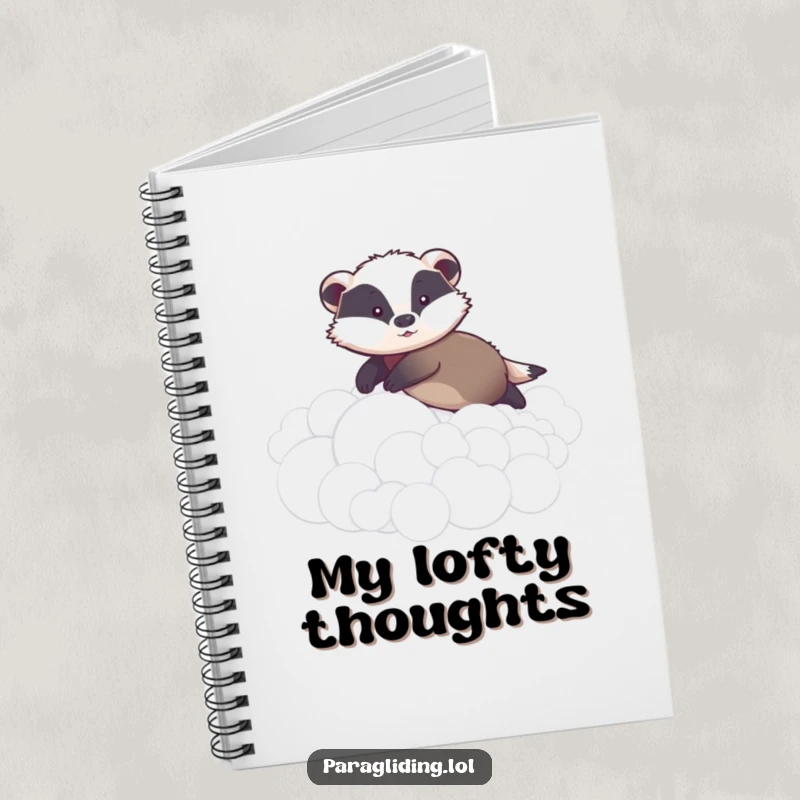 Funny notebook cover featuring a graceful badger gliding peacefully over fluffy clouds, inspiring calm thoughts and gentle note-taking.