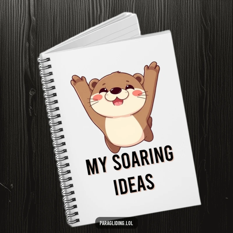 Funny notebook cover with a joyful otter sporting a wide grin, soaring through the sky, inspiring creative thoughts and happy scribbles.