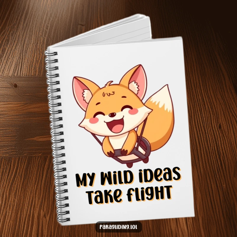Funny fox paragliding with a wide, excited grin on a notebook cover, ready to capture adventurous thoughts and ideas.
