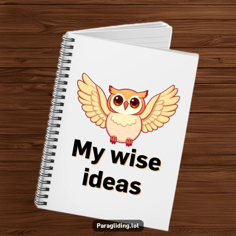 Funny owl character, soaring with wide wings, on a notebook cover, a great funny gift.