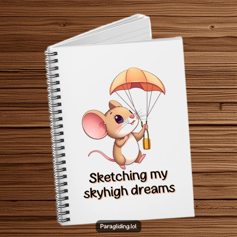 Funny notebook featuring a curious mouse looking amazed from a paraglider in the sky, for jotting down inspired thoughts.