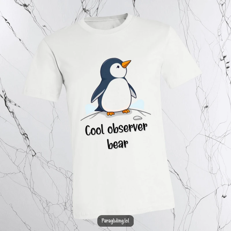 Funny penguin t-shirt, a cool penguin observing scenery from a paraglider, perfect for relaxed style.