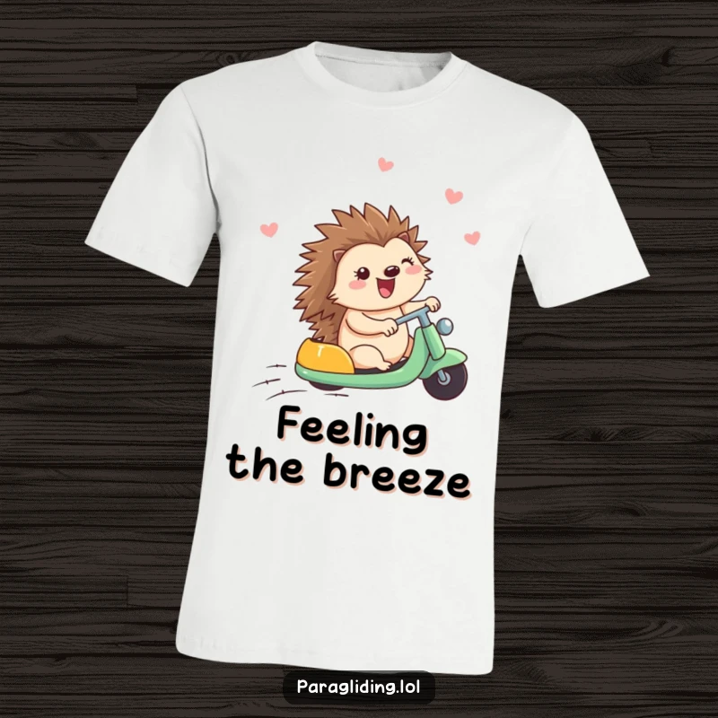 Funny t-shirt depicting a smiling hedgehog happily riding on the wind, embodying carefree joy and delightful movement.