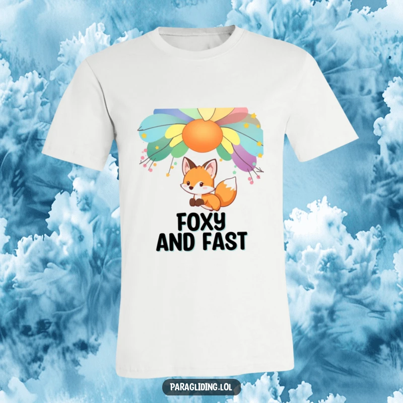 Funny fox character, gliding gracefully under a vibrant canopy, looking curious, on a cool t-shirt, ideal funny gift.