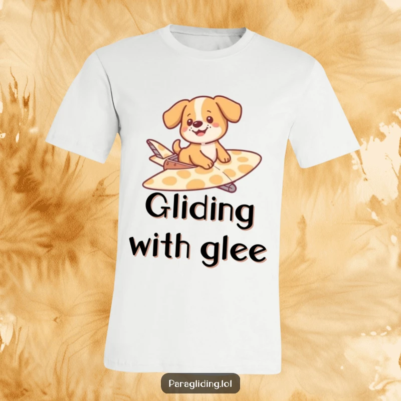 Funny t-shirt depicting a playful dog peacefully drifting on a colorful, patterned glider, embodying carefree joy and gentle movement.