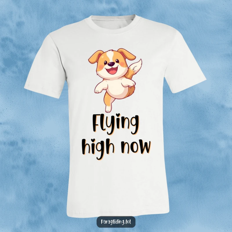 Funny t-shirt depicting a grinning dog gracefully soaring through the sky, showcasing canine joy and aerial prowess.