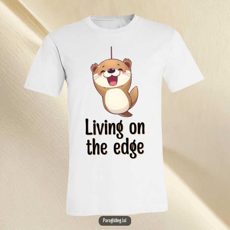 Funny excited otter paragliding t-shirt, suspended with a wide joyful smile, embodying pure exhilaration and fun.