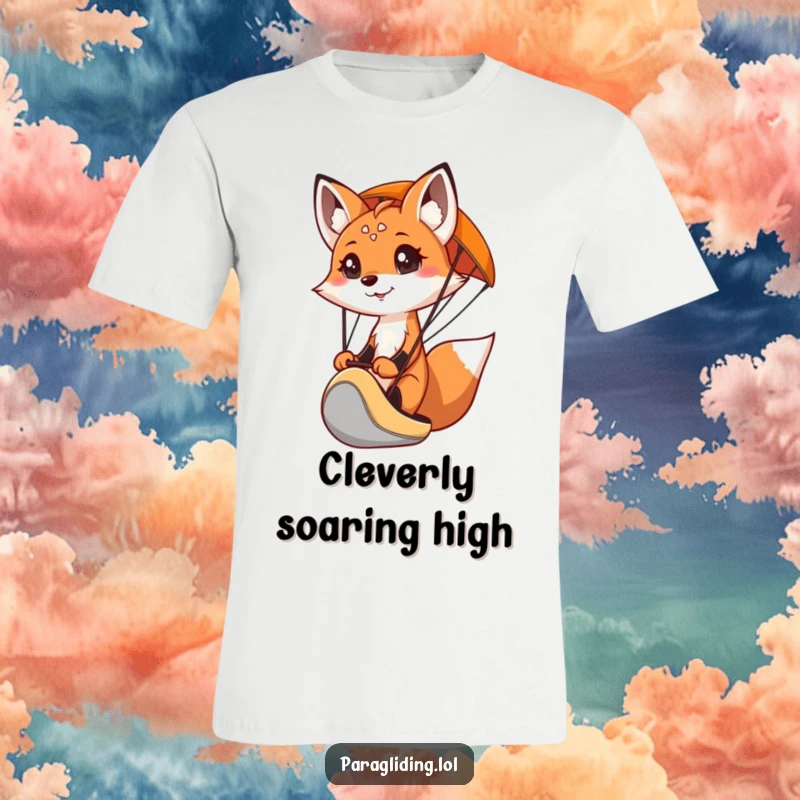Funny t-shirt graphic of a curious fox determinedly piloting a paraglider, great for adventurous personalities.