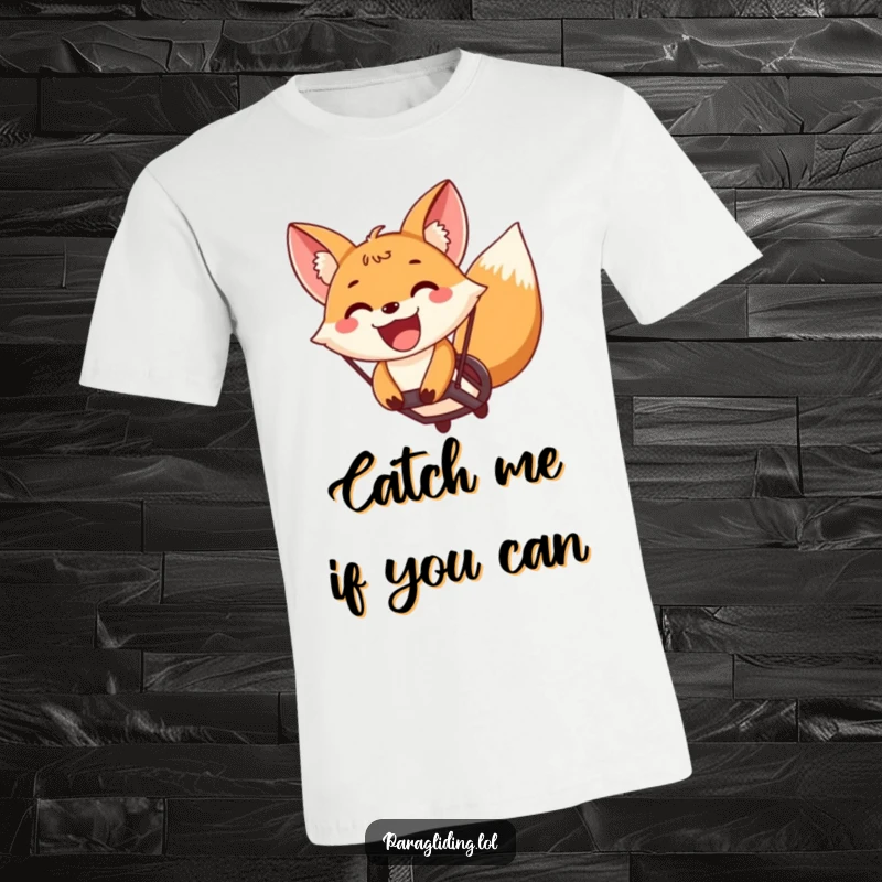Funny fox paragliding with a wide, excited grin, a symbol of pure joy and airborne adventure on a t-shirt.