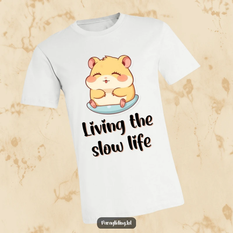 Funny t-shirt with a hamster gliding peacefully with closed eyes, conveying a hilarious sense of zen and calm.