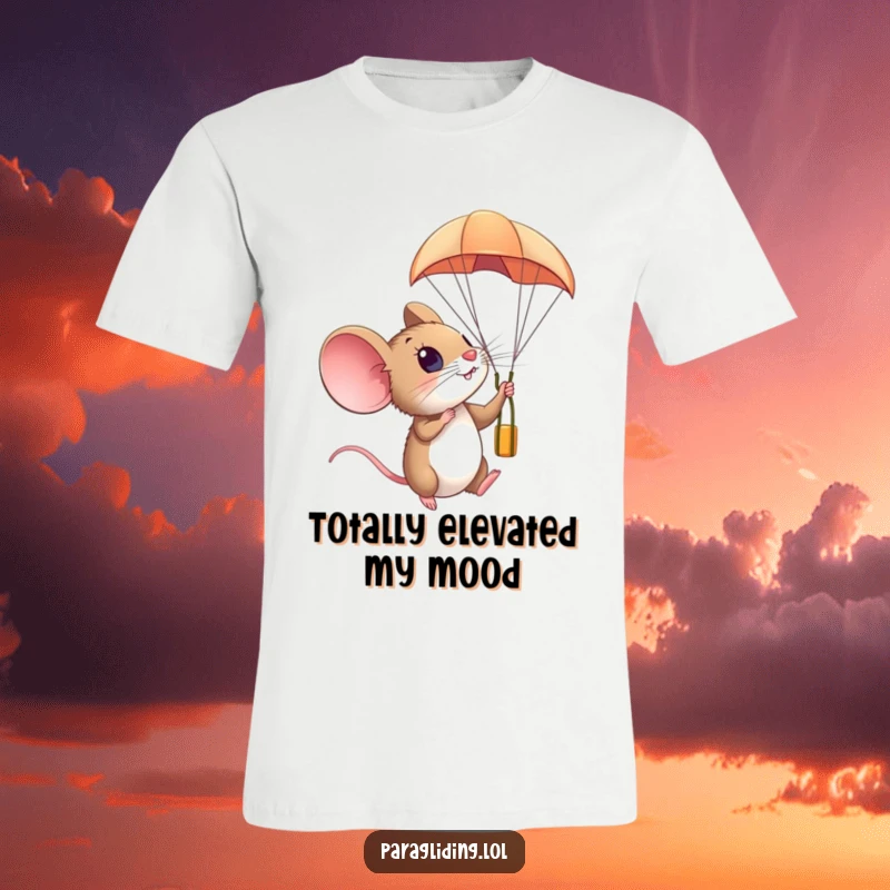 Funny t-shirt with a curious mouse looking amazed from a paraglider, soaring high in the sky, expressing wonder.