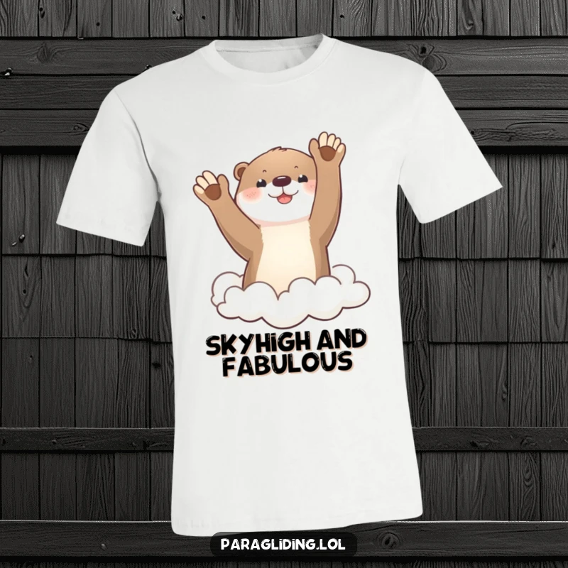 Funny otter waving from puffy clouds, whimsical animal graphic tee, perfect for happy souls and gift-givers.