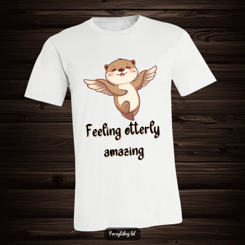 Funny t-shirt of a giggling otter dancing gracefully as it flies through the air, a symbol of carefree happiness.