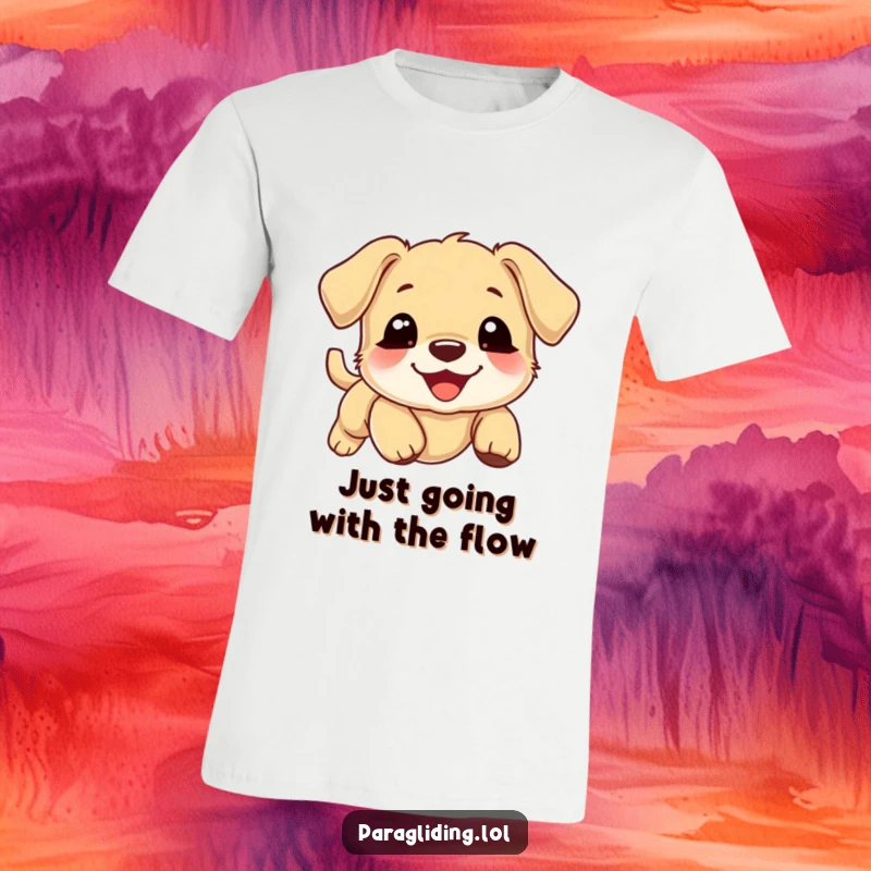 Funny puppy t-shirt, cute smiling puppy, peacefully floating downwards, whimsical cloud illustration, joyful pet design.
