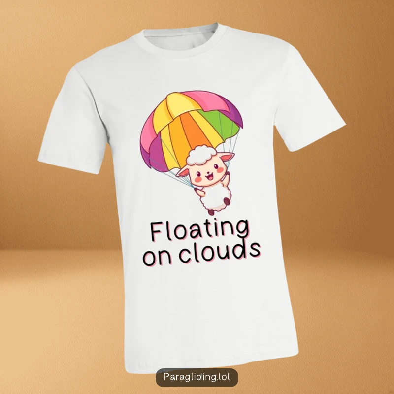Funny t-shirt with a little sheep joyfully paragliding, capturing a moment of pure, humorous adventure and freedom.