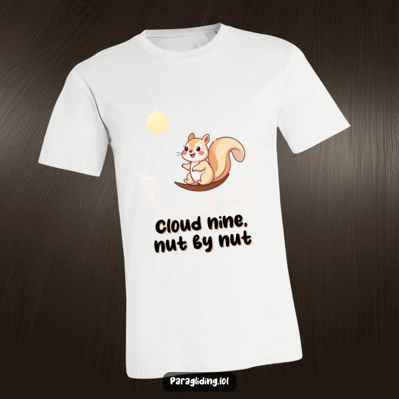 Funny t-shirt of a happy squirrel smoothly sailing across a sky of soft clouds, embodying peaceful adventure.