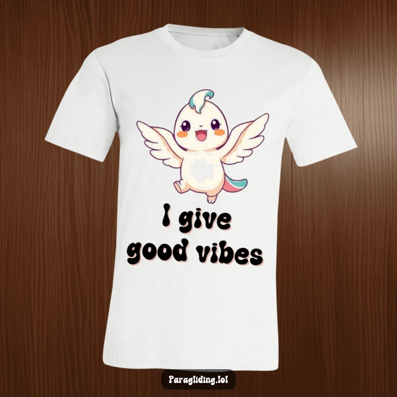 Funny t-shirt with a cheerfully smiling winged creature descending gracefully, symbolizing joy and good vibes, a humorous wear.