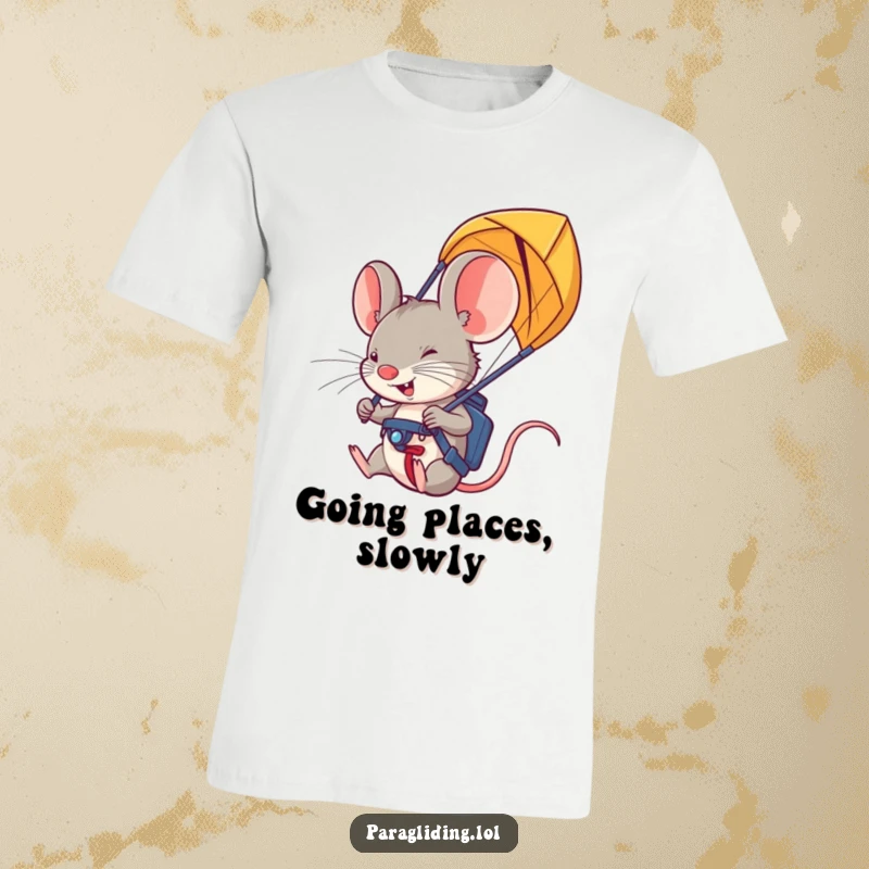 Funny paraglider mouse t-shirt: a small, determined mouse expertly piloting a paraglider, showcasing bravery and adventure.