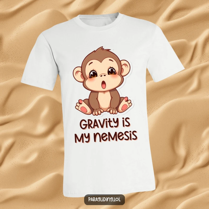 Funny t-shirt showcasing a silly monkey with a comically surprised face, about to lose its balance.