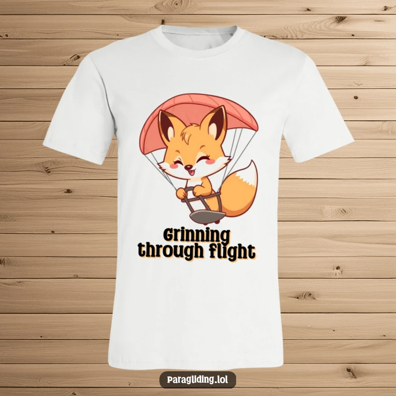 Funny Fox T-Shirt: A bouncy fox with a wide smile, gracefully steering a paraglider, radiating fun and adventure.