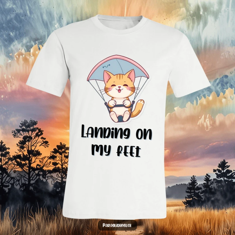 Funny confident cat paragliding with nimble skill on a t-shirt. A stylish and adventurous funny gift for cat fans.