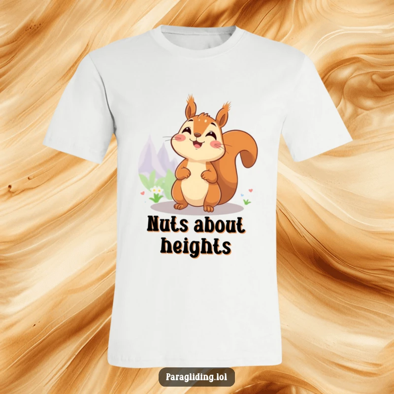 Funny t-shirt with a happy squirrel perched high, enjoying a panoramic view with delight.