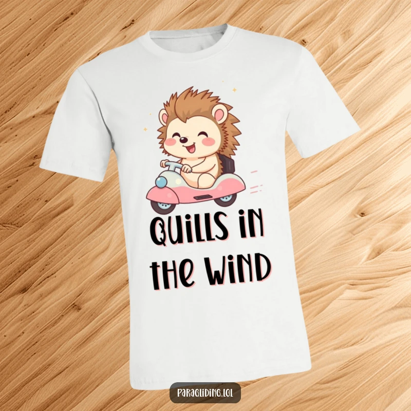 Funny t-shirt showcasing a happy hedgehog character with a delighted expression, enjoying a breezy ride, evoking freedom.