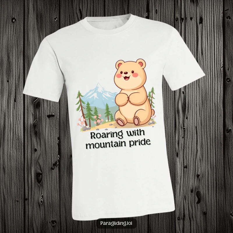 Funny t-shirt of a beaming bear peacefully observing a majestic mountain landscape, capturing the joy of nature.