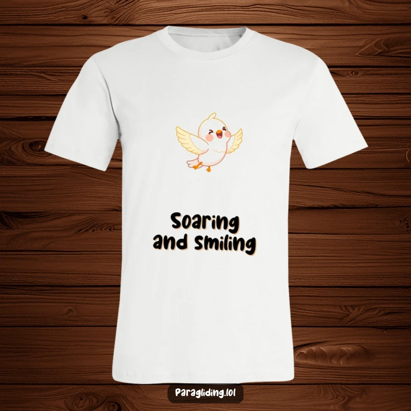 Funny t-shirt: A happy bird joyfully soaring amidst fluffy white clouds. Depicts freedom, happiness, and a touch of whimsy.