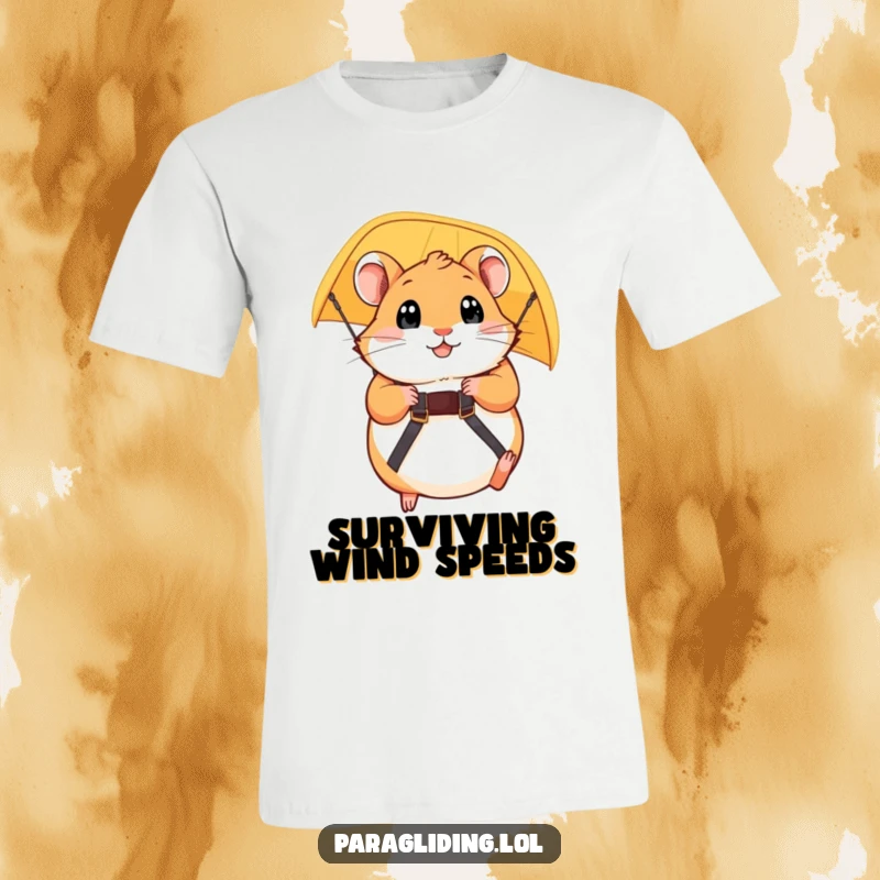 Funny t-shirt with a plump hamster gripping a paraglider strap, eyes wide with excitement and a touch of fear. Giftable.
