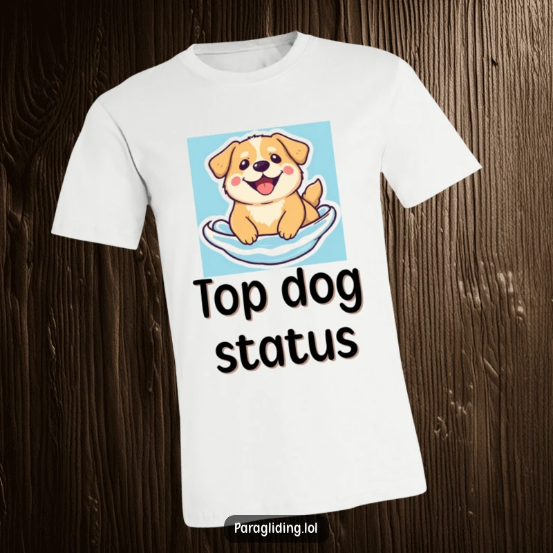 Funny beaming dog t-shirt, a happy dog floating serenely in the blue, conveying peace and joy.