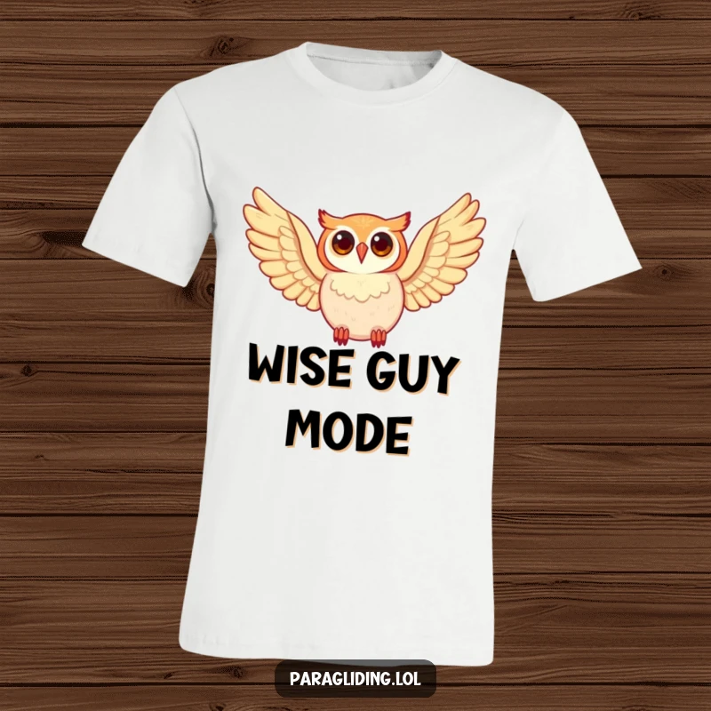 Funny owl character, flying high with wide wings, looking genuinely happy, on a cool t-shirt, ideal funny gift.