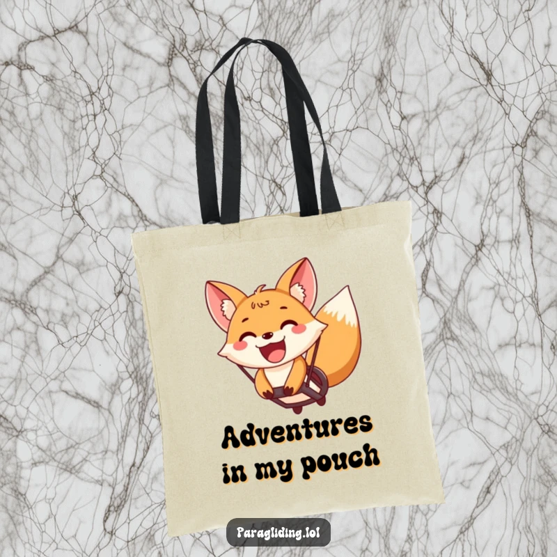 Funny fox paragliding with a wide, excited grin on a durable tote bag, perfect for carrying adventure essentials with joy.