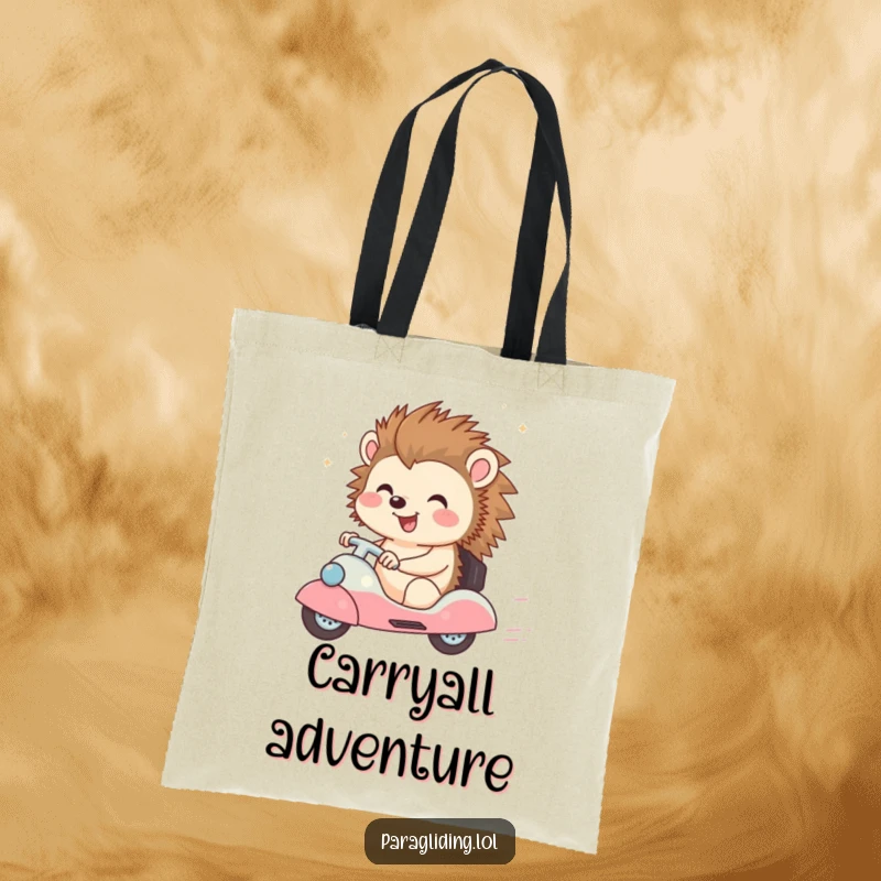 Funny tote bag depicting a happy hedgehog character with a joyful expression, enjoying a breezy ride, ideal for shopping.
