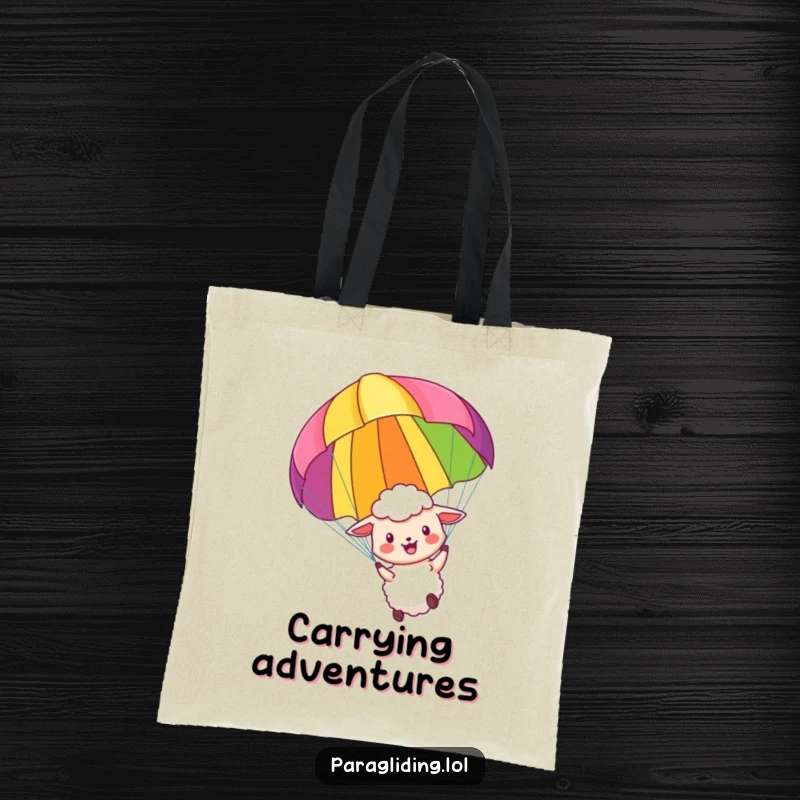 Funny tote bag featuring a little sheep paragliding with a colorful parachute, perfect for a humorous and adventurous vibe.