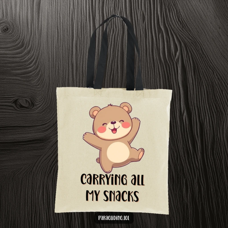 Funny playful bear bobs joyfully in the air on a tote bag, perfect for carrying happiness and essentials.
