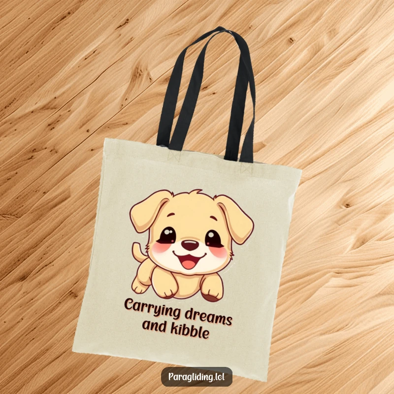 Funny puppy tote bag, delighted smiling puppy floating gently downwards, whimsical cloud graphic, practical and cute carry-all.