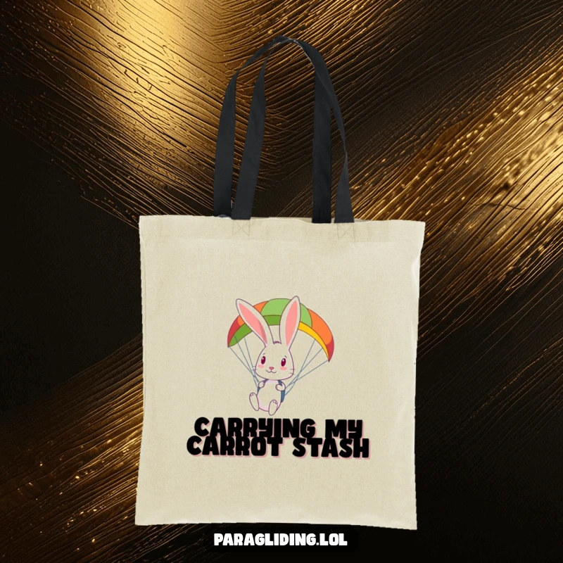 Funny curious rabbit looks down from a colorful paraglider on a tote bag, perfect for carrying curiosity and essentials.