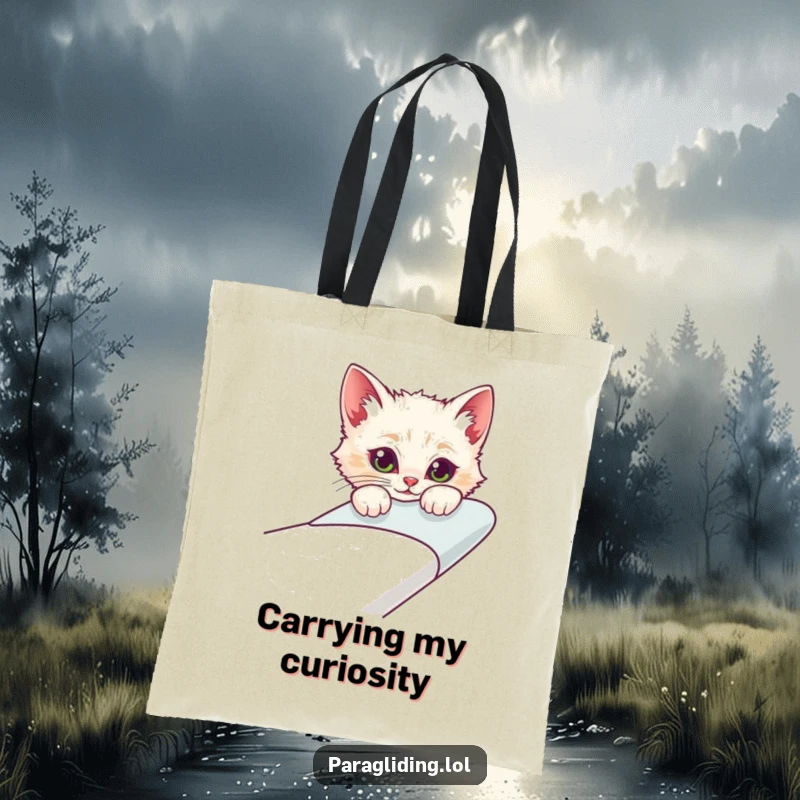 Funny tote bag depicting a curious cat character peeking over the edge of a glider, ideal for carrying essentials with style.