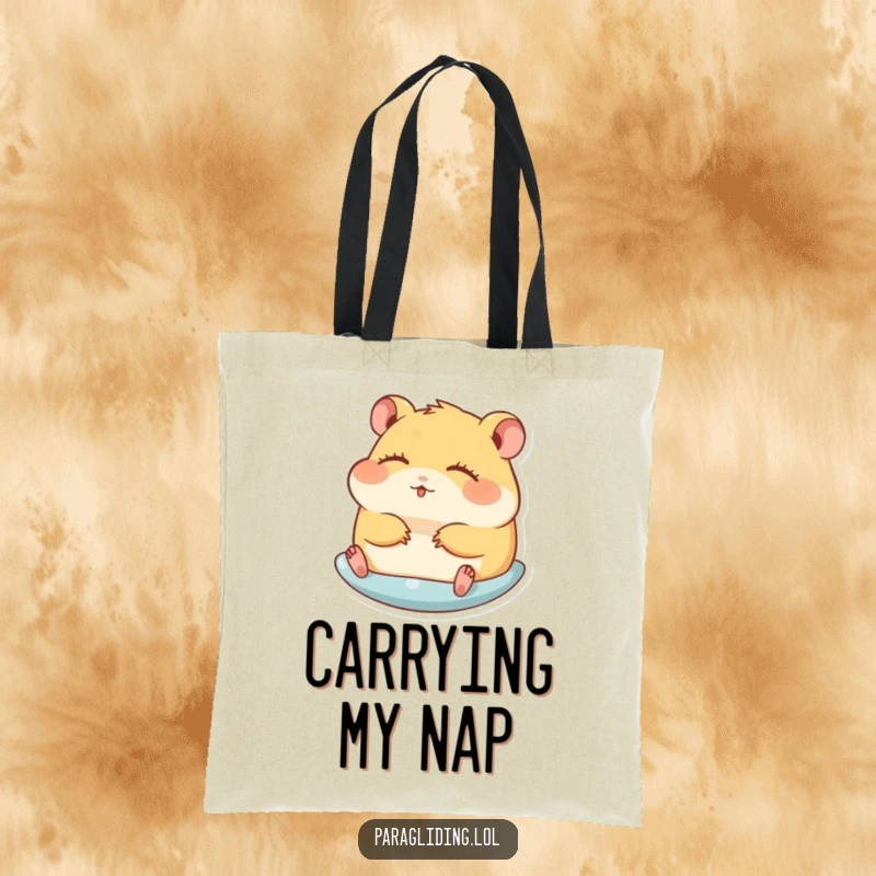 Funny tote bag showcasing a hamster gliding peacefully with eyes closed, a hilarious and charming statement piece.