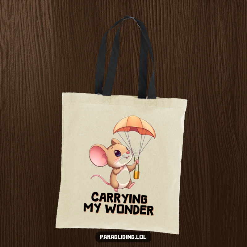 Funny tote bag with a small mouse looking amazed from a paraglider in the sky, symbolizing exploration and wonder.