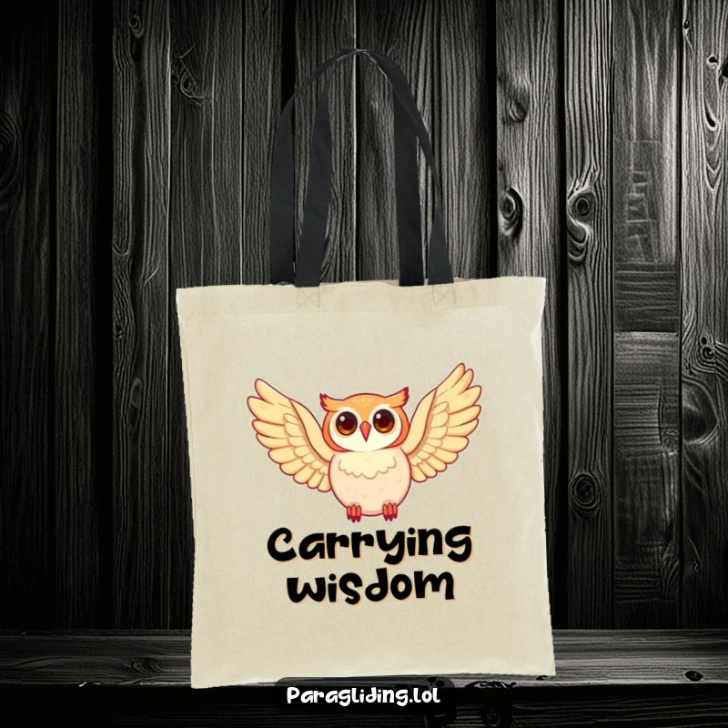 Funny owl, soaring with wide wings across the sky, on a spacious tote bag, a great funny gift.