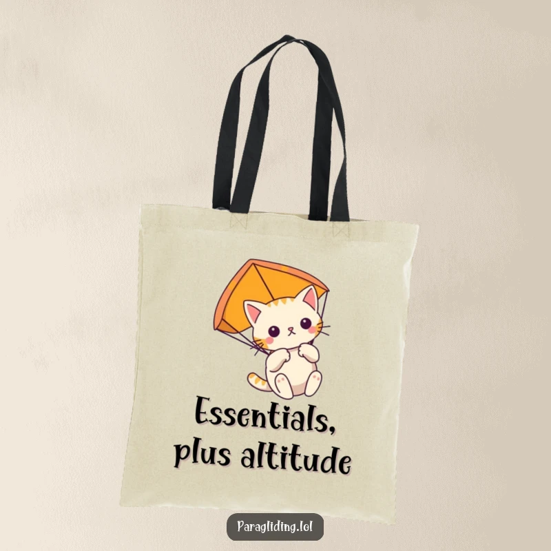 Funny determined cat floats gently, clutching its paraglider on a tote bag, embodying focused airborne missions.
