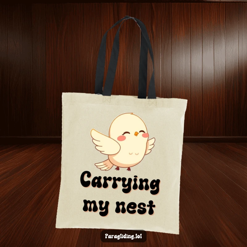 Funny smiling bird peacefully drifting on wind currents on a durable tote bag. A serene and practical funny gift for bird enthusiasts.