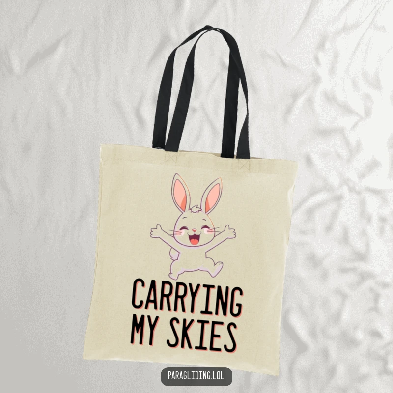Funny tote bag featuring a delighted bunny soaring through the sky, perfect for a humorous and joyful everyday vibe.