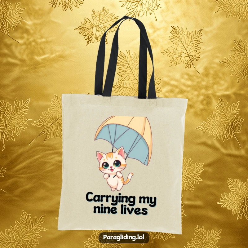 Funny tote bag with a curious cat dangling from a paraglider with wide eyes, perfect for carrying essentials with a daring, adventurous touch, great funny gift.